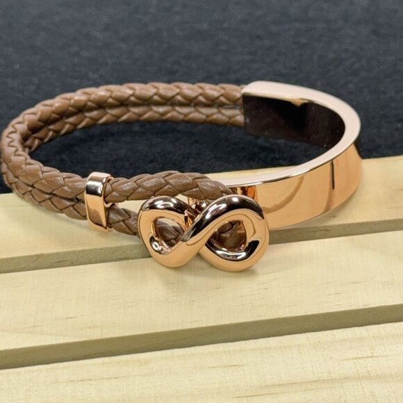 Roberto By RFM Bracelet Rose Gold Princess Lee Infinity Station Woven Brown Cord - Picture 1 of 9